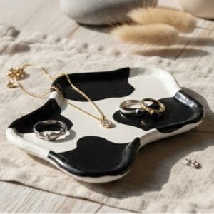 Cow Print Trinket Dish - Handmade - Black & White - 6 Inch